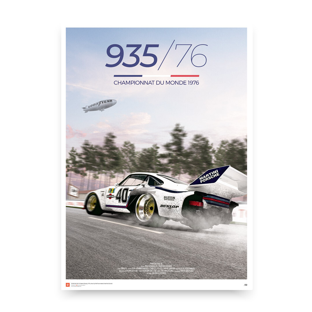 Poster featuring a Porsche 935/76 racing in the 1976 World Championship, with a Goodyear blimp in the sky and a dynamic racetrack scene.