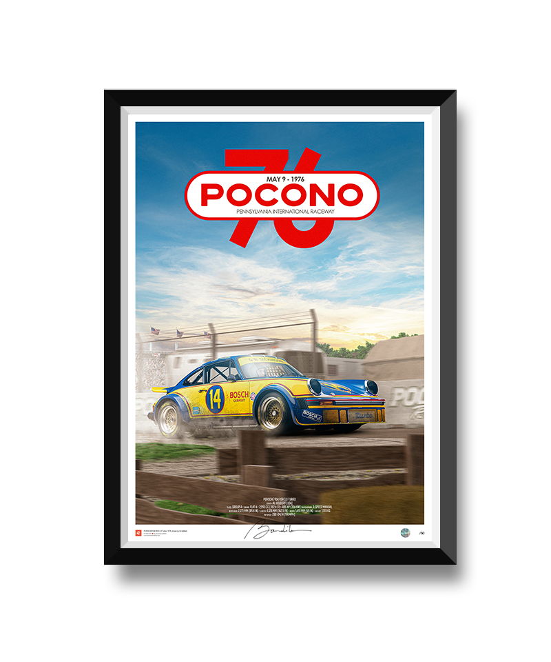 Poster of Porsche 911 Carrera No. 14, sponsored by Bosch, racing at Pocono Raceway, 1976 edition