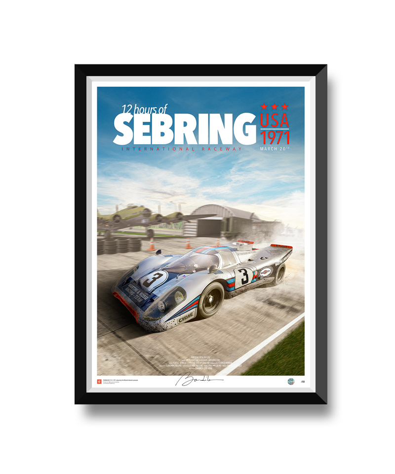 Poster062 Web Cadre - Porsche Ford Ferrari Audi BMW Jaguar Renault Automotive Fine Art Prints Poster - Relive the iconic 12 Hours of Sebring 1971 with this limited edition poster featuring the legendary Porsche 917 K Martini Racing. Driven by Gérard Larrousse and Vic Elford, this car made a lasting impression with its unforgettable performance. This poster immortalizes the Porsche adorned in its famous Martini Racing livery, capturing the glory of the 1970s racing era.