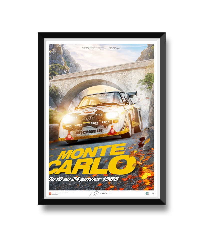 Poster067 Web Cadre - Porsche Ford Ferrari Audi BMW Jaguar Renault Automotive Fine Art Prints Poster - Relive the legendary Monte Carlo Rally of 1986 with this exclusive Audi Quattro S1 poster. Featuring the iconic Group B rally car in action, this high-quality design is perfect for motorsport enthusiasts and Audi fans. Add a piece of rally history to your collection today!