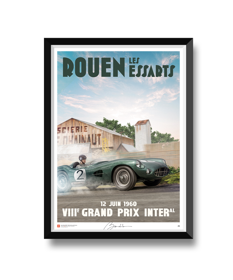 Aston Martin DBR1 at Rouen Les Essarts 1960, vintage racing poster.