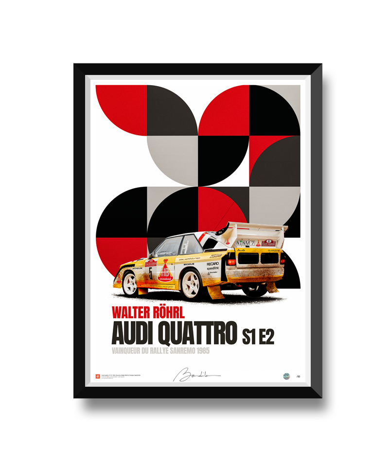 Affiche de l'Audi Quattro S1 E2 de Walter Röhrl, vainqueur du Rallye Sanremo 1985, sur fond graphique géométrique en rouge, noir et gris.